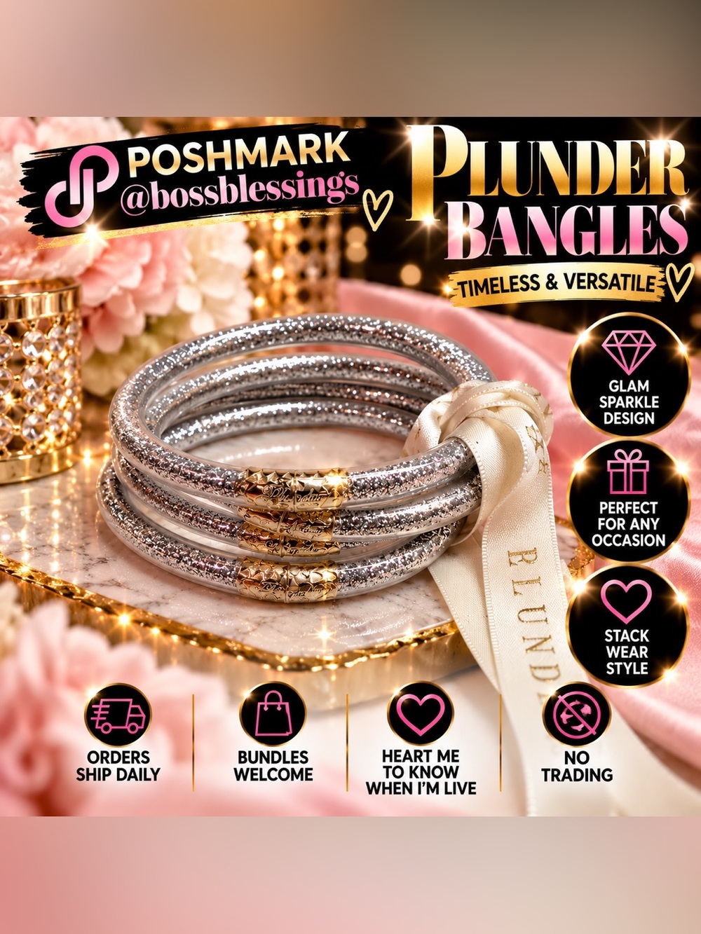 ✨ Plunder Silver Sparkle Bangle Bracelet Set | Glam Stackable Bracelets ✨